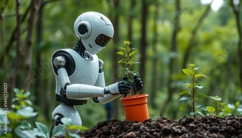Robot gardner attentively planting new seedlings in the forest for ecological reforestation and sustainable agriculture