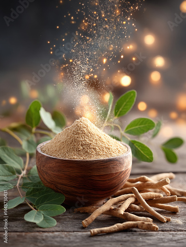 fresh ashwagandha roots in wooden bowl herb adaptogen medicinal