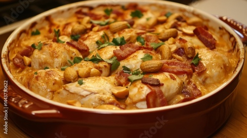 Flygande Jacob: Swedish casserole with chicken, cream, chili, bananas, peanuts, and bacon.