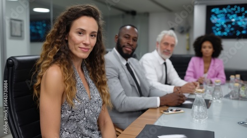 Diverse Business Team Meeting in Modern Conference Room with Water Bottles and Digital Screens