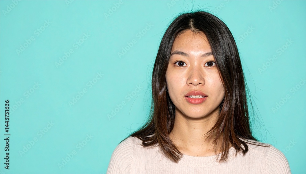Fototapeta premium ミントグリーン背景で、驚きと期待の感情が表現された目を大きく開けた20代日本人女性の表情