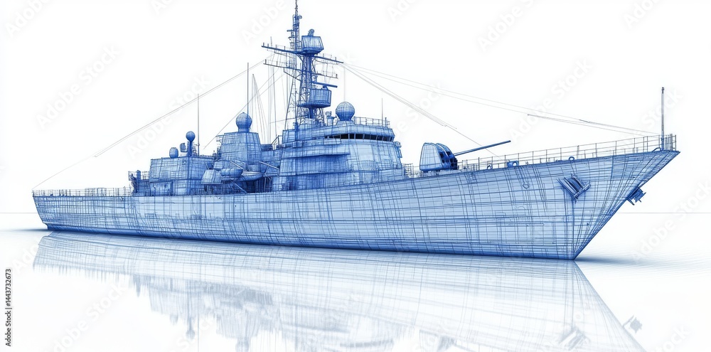 Fototapeta premium A precise and elaborate illustration depicts a battleship floating on peaceful waters as twilight falls