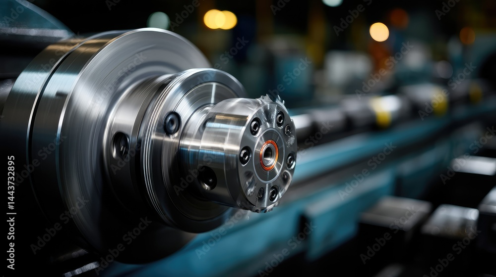 Fototapeta premium Close-up industrial metalworking machine part. Precision machining components in action