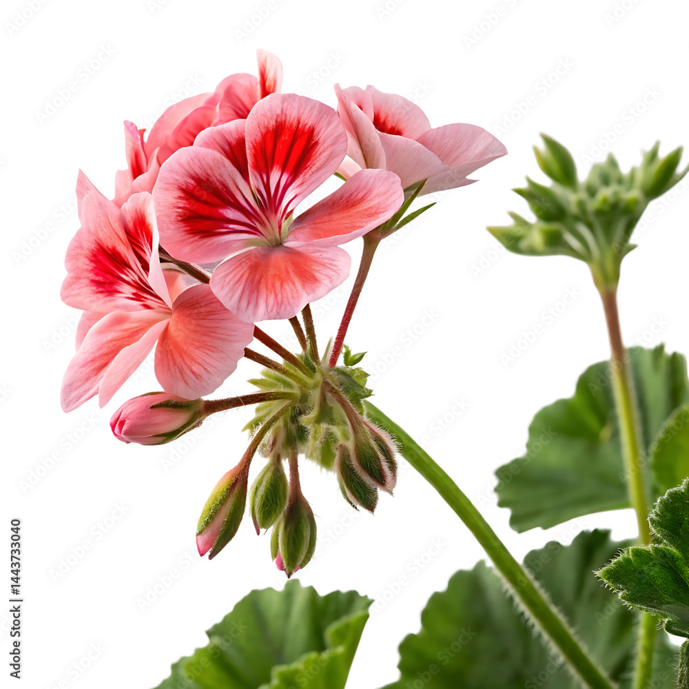 Obraz premium geranium flower in Transparent Background Pink and Red Geranium Flower with Buds and Green Leaves against a Transparent Background