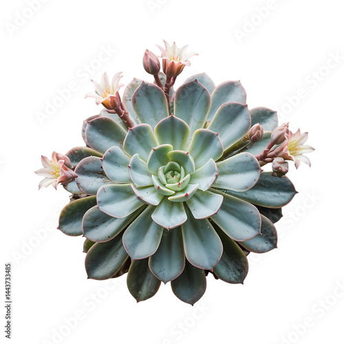 An echeveria with tiny blooms on transparent background
