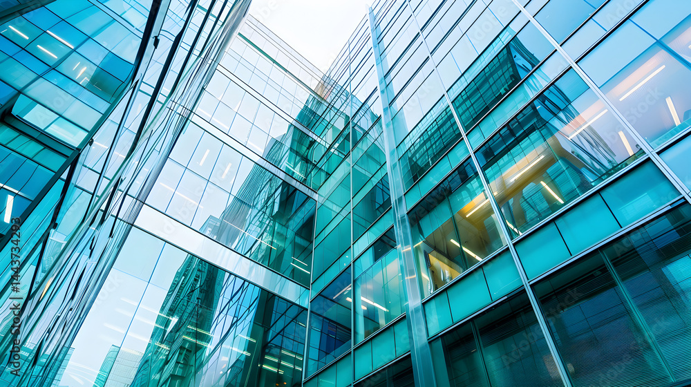 Obraz premium Worm eye view of two modern glass buildings connected by a skybridge on a bright day in the city