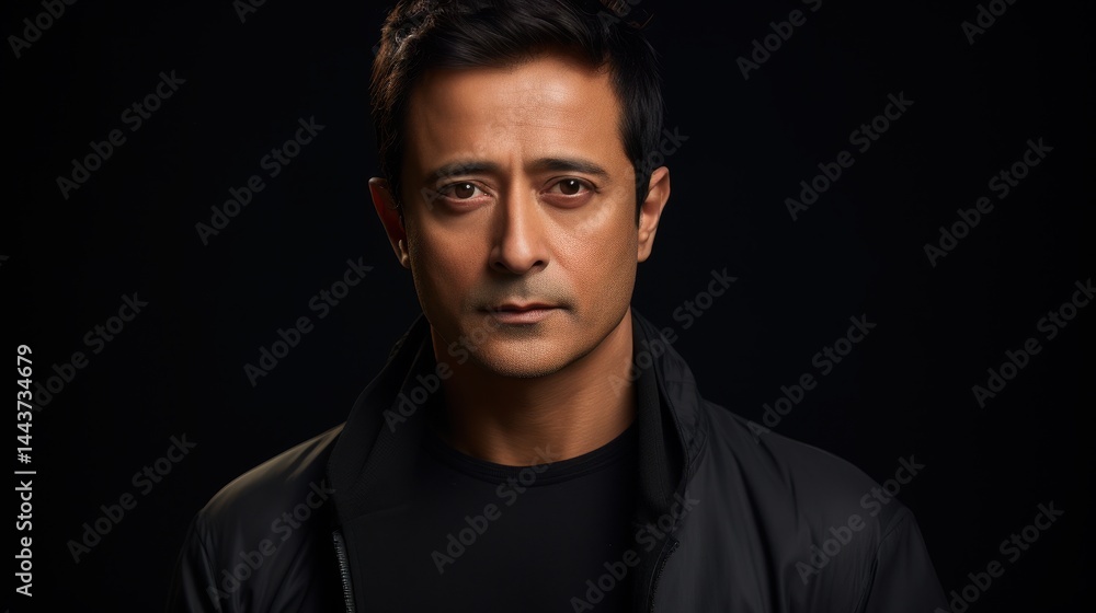 A striking portrait of a man with intense eyes, set against a dark, dramatic background. He wears a dark jacket, creating a moody and captivating image A striking portrait of a man with intense eyes, set against a dark, dramatic background. He wears a dark jacket, creating a moody and captivating image