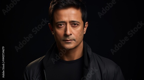 A striking portrait of a man with intense eyes, set against a dark, dramatic background. He wears a dark jacket, creating a moody and captivating image