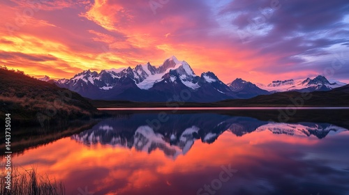 Wallpaper Mural Majestic mountain lake sunset stunning colorful landscape reflection patagonia sky red view snow blue Torontodigital.ca
