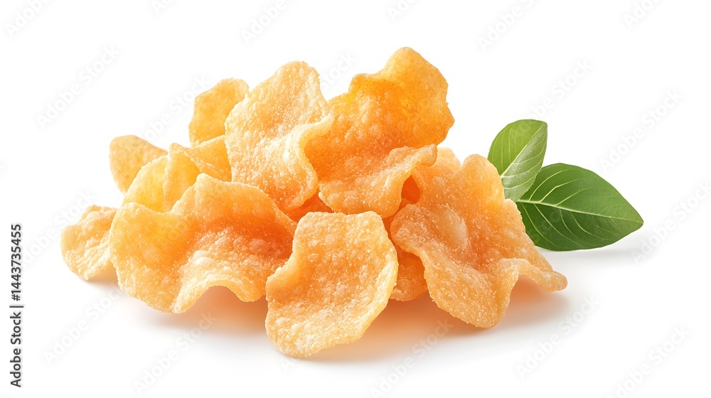 A close-up shot of delicious crispy dried peach slices with fresh green leaves on a white background perfect for healthy snack food. A close-up shot of delicious crispy dried peach slices with fresh green leaves on a white background perfect for healthy snack food.