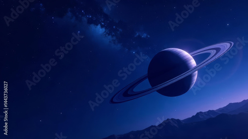 Space Landscape background, image of a planet with rings, milky way, copy space