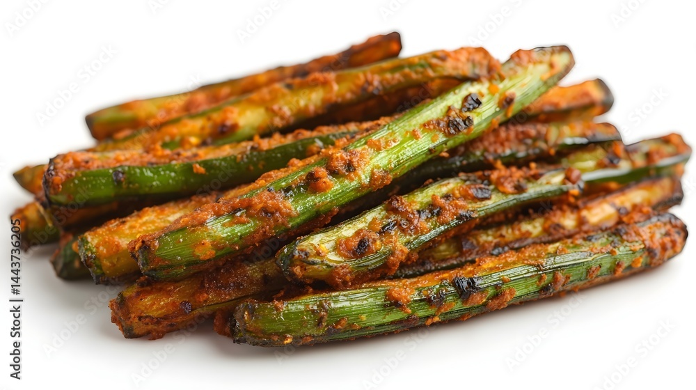 A delicious pile of roasted green beans seasoned with a vibrant red spice blend is presented on a white background. A delicious pile of roasted green beans seasoned with a vibrant red spice blend is presented on a white background.