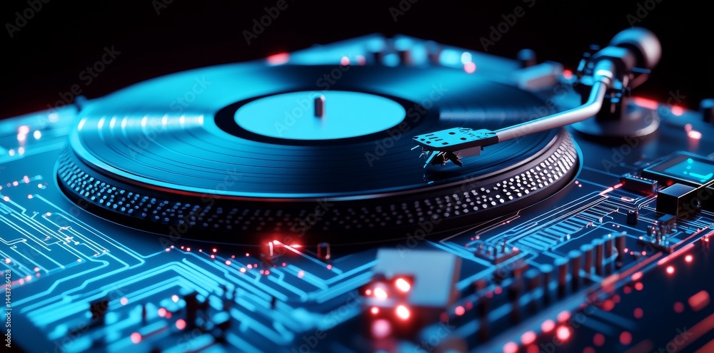 Obraz premium The modern turntable, complete with digital enhancements and vibrant lighting, is situated in a contemporary setting