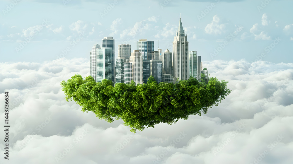Fototapeta premium Floating city island, green ecosystem, above clouds, sustainable urban future, environmental concept