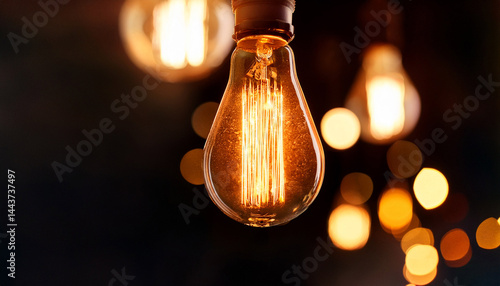 glowing vintage light bulb in dark background with bokeh effect
