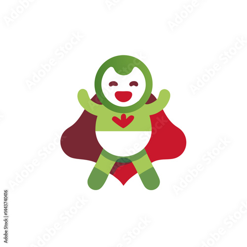 Cute baby superhero character with green and red costume and joyful expression, copy space