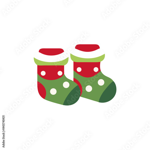 Cozy baby booties in festive green and red colors with dots, comfortable design, copy space