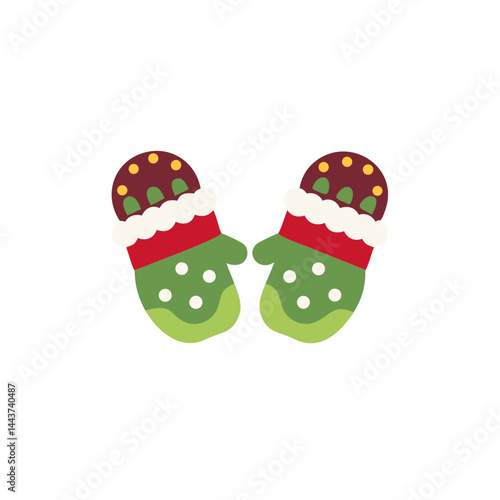 Festive baby mittens in colorful green and red design with playful details, copy space
