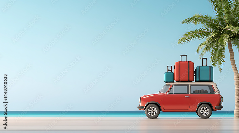 Fototapeta premium Car with luggage ready for summer travel holidays 3D Rendering