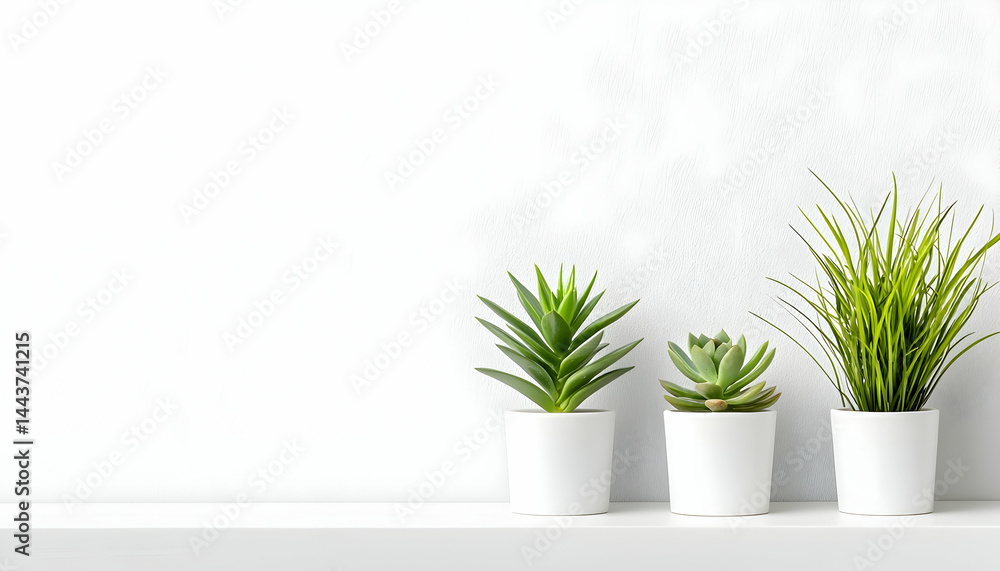 Fototapeta premium Three potted succulents on white shelf against white wall; minimalist home decor, blog, website