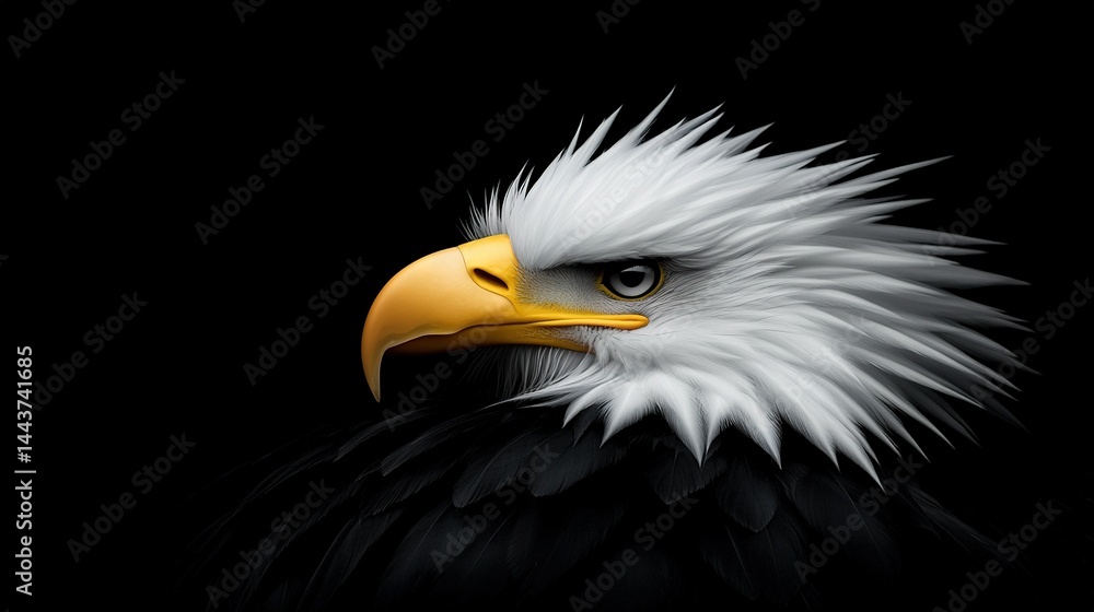 Fototapeta premium Close-up image of an eagle's head on a dark background, featuring a white and yellow beak
