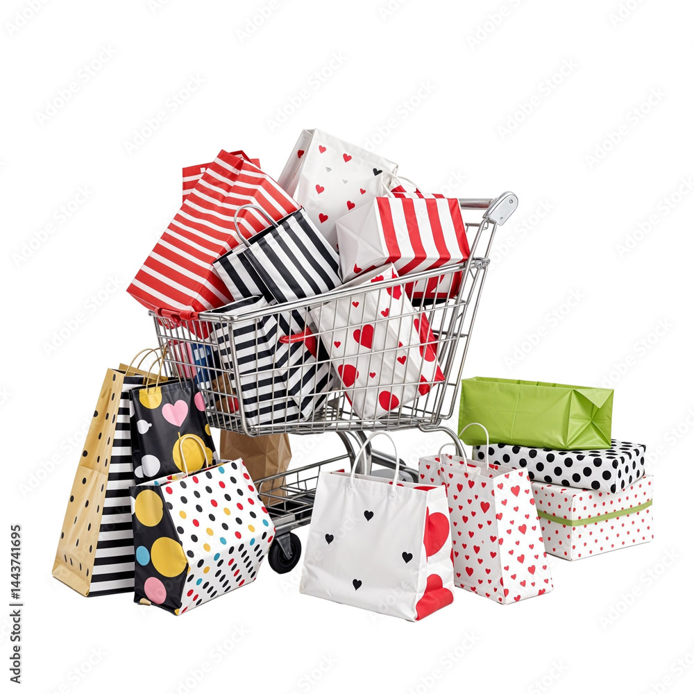 Obraz premium Shopping cart overflowing with colorful gift bags
