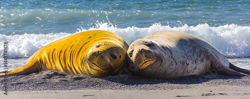 Two elephant seals resting peacefully on a sandy beach