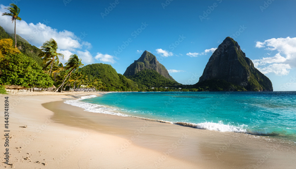 turquoise water lapping sandy beach in saint lucia with majestic pitons in background turquoise water lapping sandy beach in saint lucia with majestic pitons in background