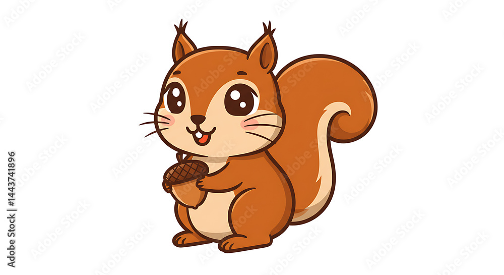 Fototapeta premium Adorable cartoon squirrel holding an acorn with big eyes and fluffy tail on white background