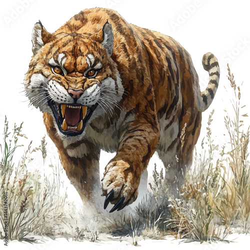 watercolor of Pack Of Sabertooth Cats Prowling The Tundra, vector, isolated on a white background.