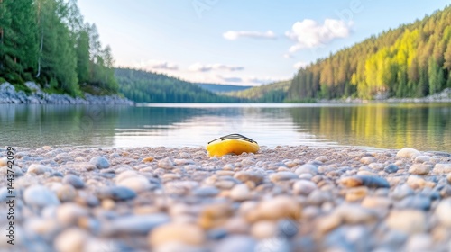 Peaceful lake shore at sunset.  A yellow object rests on a pebbled beach.  Serene forest backdrop