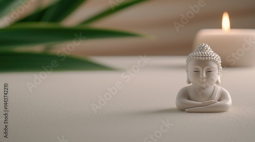 Peaceful Buddha figurine on a light beige surface, with a candle and palm leaves in the background