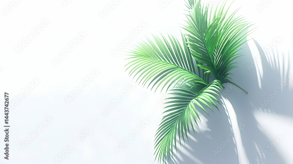 Obraz premium Tropical palm leaves cast shadows on a white wall, bright sunlight, minimalist design, perfect for summer backgrounds