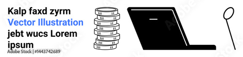 Stacked coins emphasize wealth, laptop suggests online transaction, and magnifying glass highlights inspection. Ideal for finance, digital marketing, cryptocurrency, analytics, ecommerce, auditing