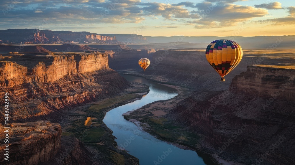 Fototapeta premium Aerial view of hot air balloons over a canyon river