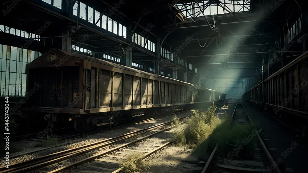 Abandoned train station showcases rusty freight cars and overgrown tracks. Sunlight streams through broken windows, creating a dramatic atmosphere in this forgotten space Abandoned train station showcases rusty freight cars and overgrown tracks. Sunlight streams through broken windows, creating a dramatic atmosphere in this forgotten space