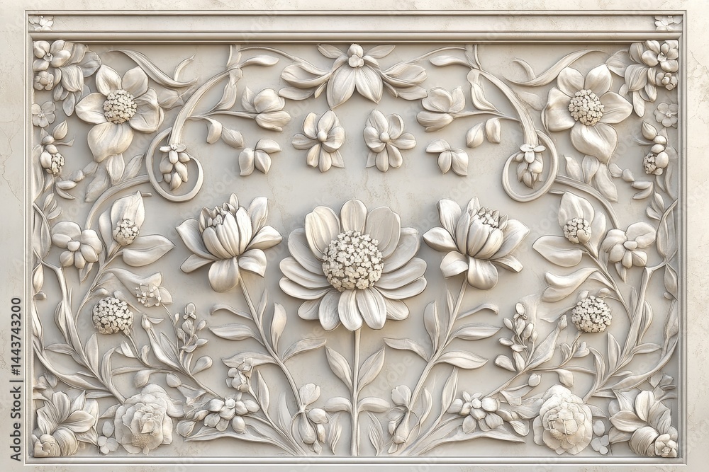 Obraz premium Ornate floral bas-relief carving in light gray stone.