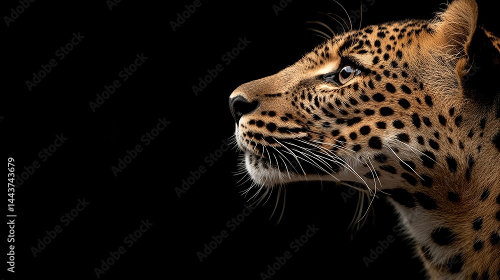 Fototapeta premium A close-up of a cheetah's face on a black background with a spot of light is an excellent photo for capturing the beauty and power of this magnificent animal