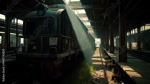 A vintage train is stationed in a dusty, abandoned warehouse. Rays of sunlight penetrate through the rusted structure, illuminating the neglected environment and showcasing the passage of time 