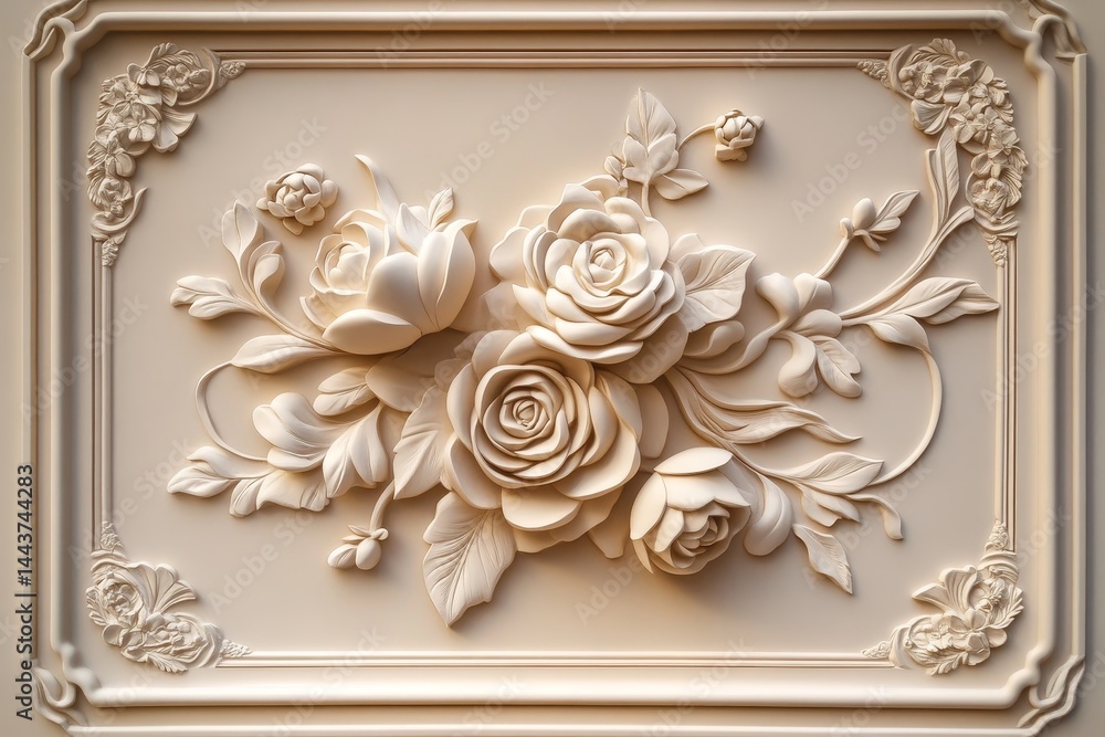Ornate, floral bas-relief design in a decorative frame. Ornate, floral bas-relief design in a decorative frame.