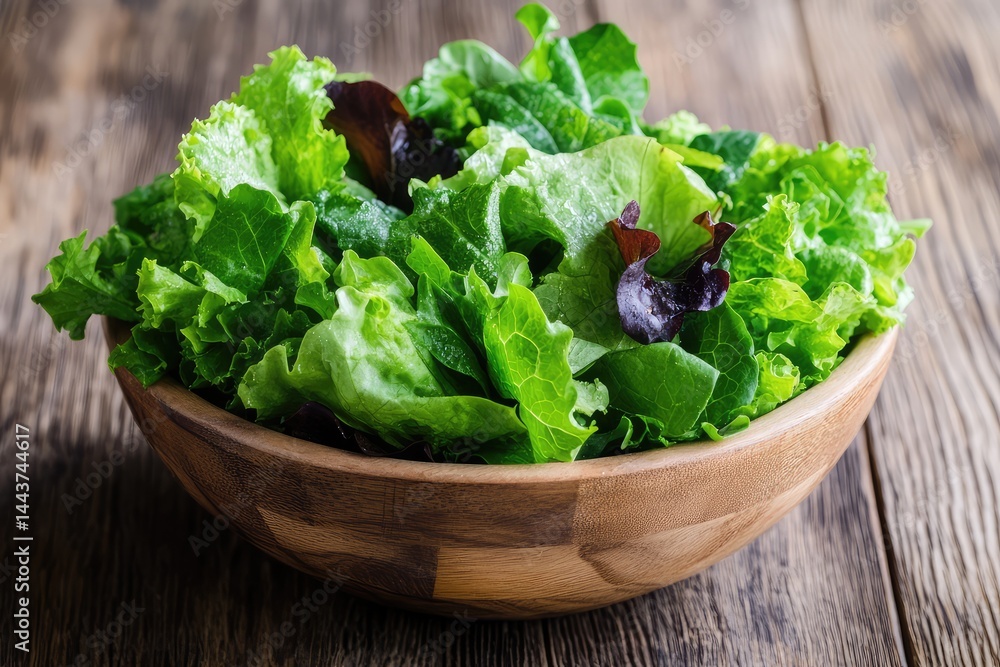 Salad greens in a wooden bowl. AI generated illustration. Salad greens in a wooden bowl. AI generated illustration.