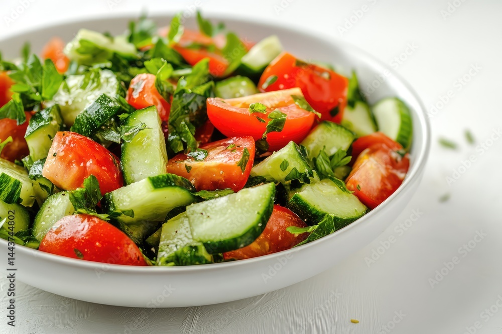 Salad with tomatoes and cucumbers, white background. AI generated illustration. Salad with tomatoes and cucumbers, white background. AI generated illustration.