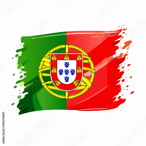 Artistic depiction of the Portugal flag with red and green segments and detailed emblem. Brushstroke effect adds vibrancy and dynamics to this national symbol
