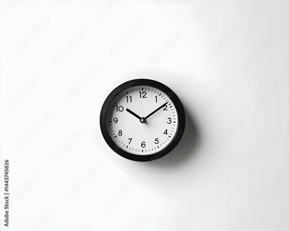 Simple black clock on white wall, minimalist design, time management concept, website or app background Simple black clock on white wall, minimalist design, time management concept, website or app background