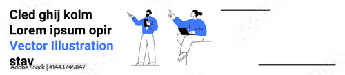 Two individuals interacting, one holding a tablet and the other on a laptop, with minimal elements. Ideal for teamwork, productivity, technology, digital tools, communication, consulting simple