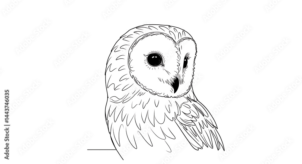 Fototapeta premium Barn owl line art illustration for coloring pages and educational material depicting an owl in a simple yet detailed outline