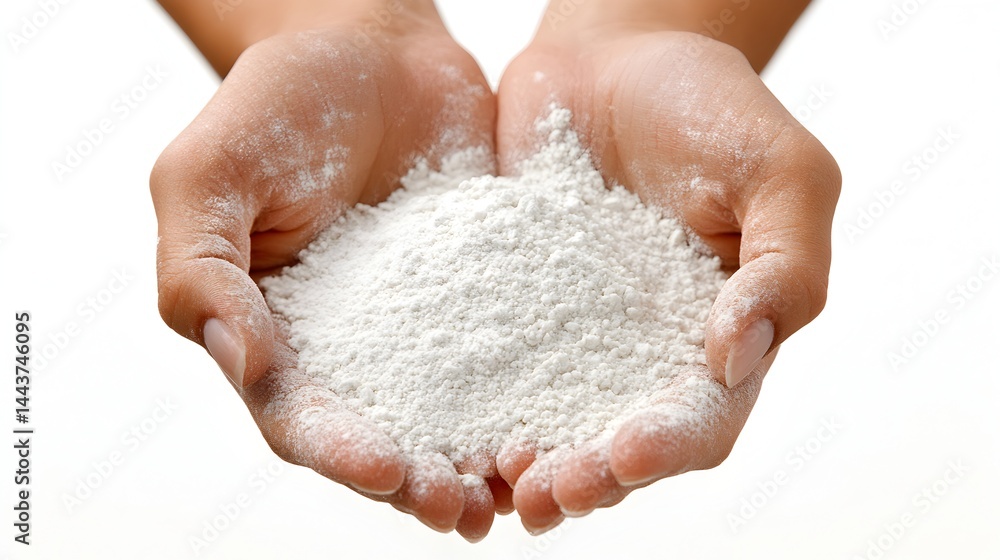 Two hands gently hold a pile of fine white powder against a clean white background. Two hands gently hold a pile of fine white powder against a clean white background.