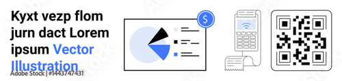 Pie chart with financial details, QR code, and payment terminal. Ideal for fintech, analytics, digital payment, e-commerce, finance, marketing simple landing page