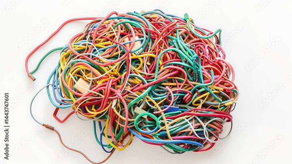 Imaginative concept of a human brain formed from a complex tangle of colorful wires and cables on white background. Represents complexity, thought, chaos, connection.
Imaginative concept of a human brain formed from a complex tangle of colorful wires and cables on white background. Represents complexity, thought, chaos, connection.