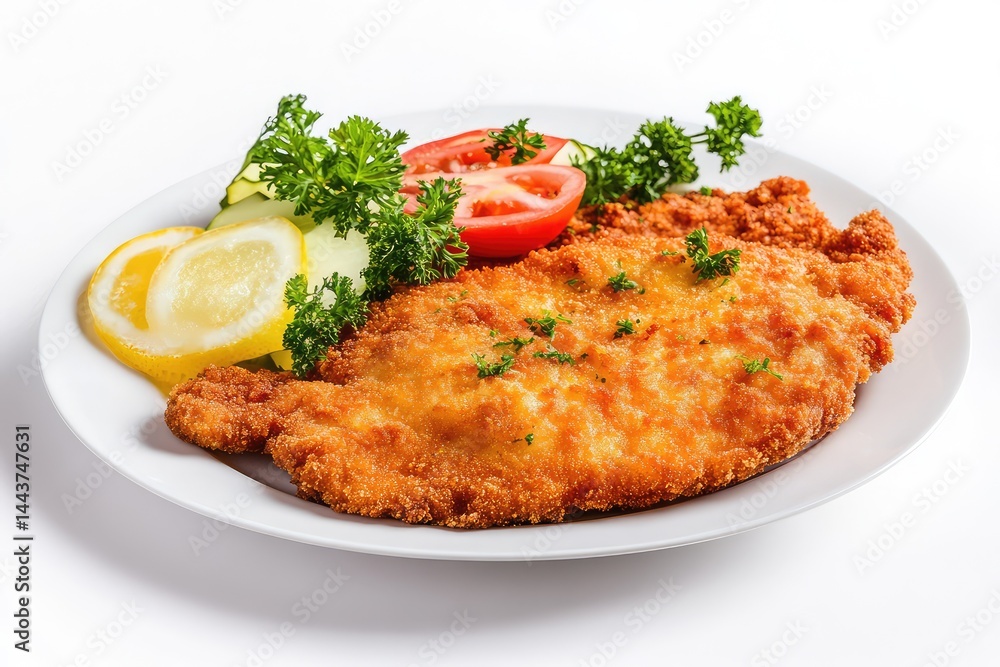 Schnitzel on a plate, white background. AI generated illustration. Schnitzel on a plate, white background. AI generated illustration.